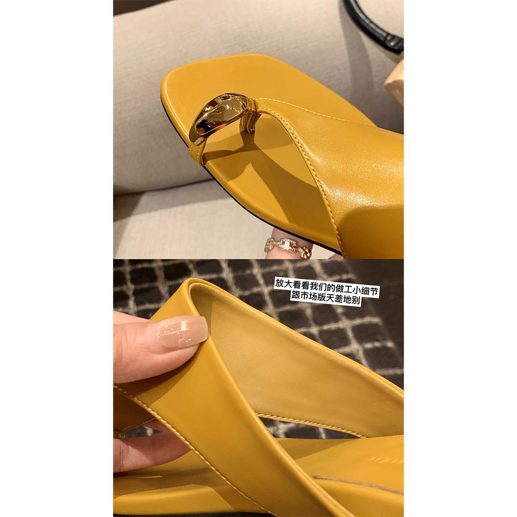 Sheepskin Su Yinyin Small Gold Buckle Slippers Women's Summer Wear Square Head Cover Toe Holiday Beach Flat-bottomed Herringbone Cool Slippers