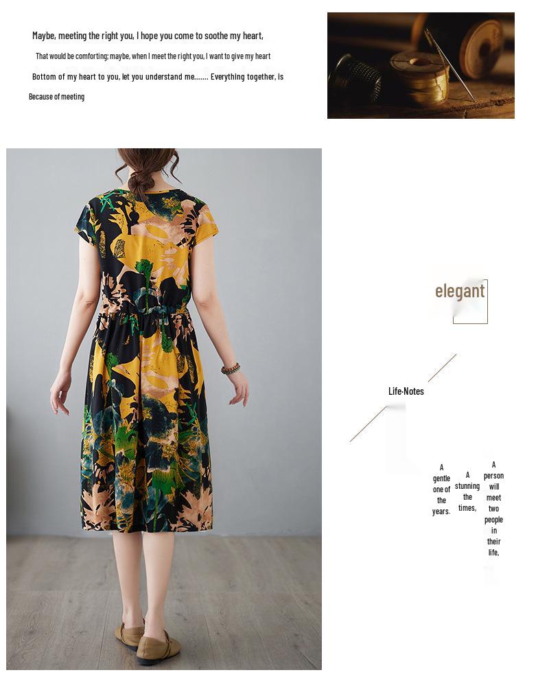 2025 Summer Floral Cotton-Silk A-Line Dress: Women's Short Sleeve, Loose Waist, Slimming Tie Mid-Length