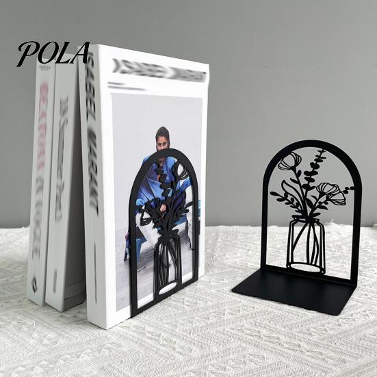 L-shaped Bookend 1 Pair Flower Metal Bookends, Decorative Vase Book Ends for Non-slip Shelves, Black Holder Stopper Home Office Reading Room