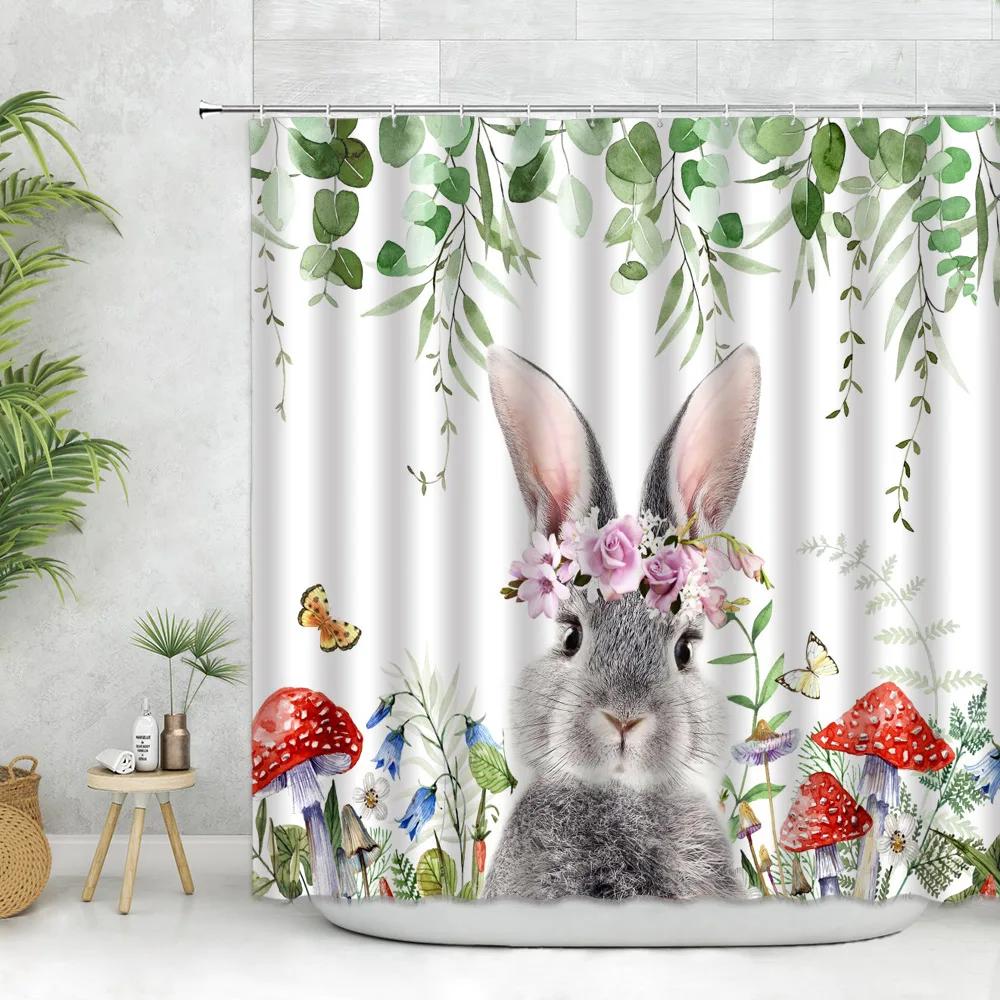 

Easter Shower Curtain Set Bunny Rabbit Easter Egg Wooden Bathroom Shower Curtains Polyester Fabric Bath Curtain Decor with Hook W90XH180cm