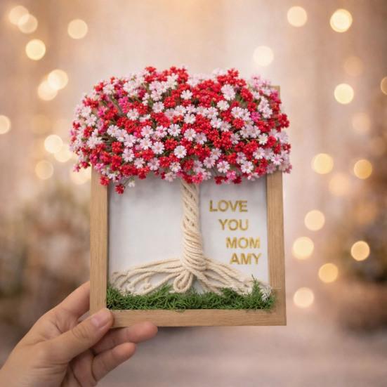 Dřevěný DIY fotorámeček s umělým kyticí gypsophily pro obývací pokoj, ložnici, kancelář, domácí dekoraci stolu, dárky ke Dni matek pro maminku, ženy
