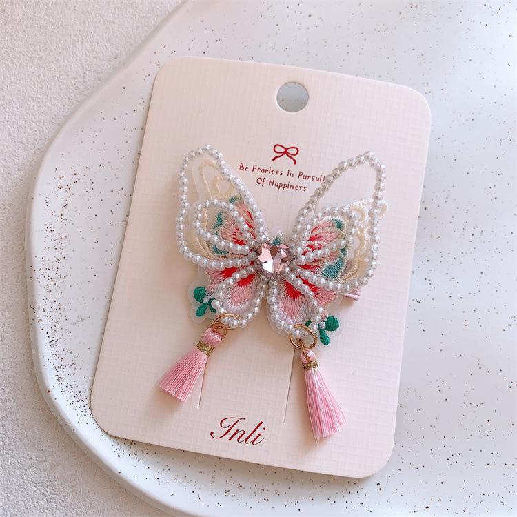 Neujahrs-Rote Perlen-Haarspangen für Kinder - Süße Schmetterling-Quasten-Barretten, Chinesischer Hanfu-Stil, Niedliche Haaraccessoires