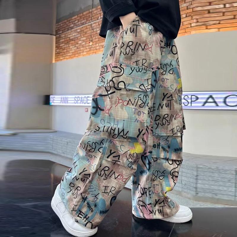 

Весенне-осенние детские брюки, брюки для мальчиков, подростковая одежда, детские широкие брюки, брюки с буквенным принтом для мальчиков, свободные брюки 160 хаки