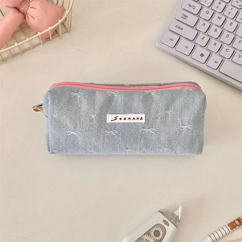 Ins Style Denim Pencil Case Cute Multi Functional Large Capacity Stationery Organizer Storage Bag Student Pen Bag Makeup Bag