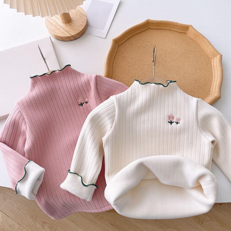 Топ с утолщенным воротником и высоким воротником в западном стиле с цветочной вышивкой для девочек