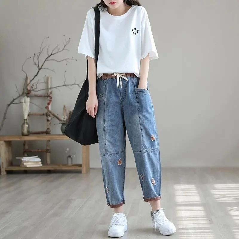 Nine Point Ripped Jeans For Women Summer Loose Thin Elastic Waist Casual Harem Pants Female Denim Ankle Length Pants