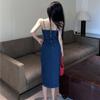 Hong Kong style retro denim suspender dress women's spring and summer 2026 new waist thin split a word long dress skirt