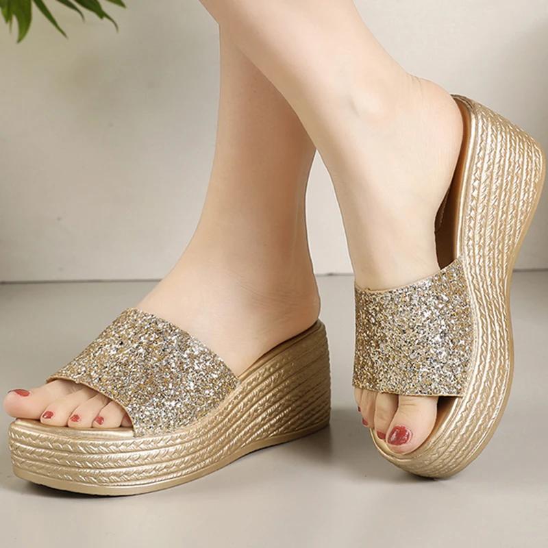 Fashion Luxury Sequins Band Open Toe Slippers Women Fashion Wedge Thick Platform Sandals Woman Plus Size Daily High Heel Slides Mujer