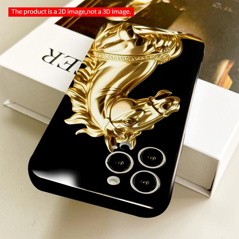 2DFlat Golden Horse Statue Phone Case All Inclusive Film Hard Phone Case, Compatible with iPhone 18 Pro Max 17 16 15 14 13 12 11
