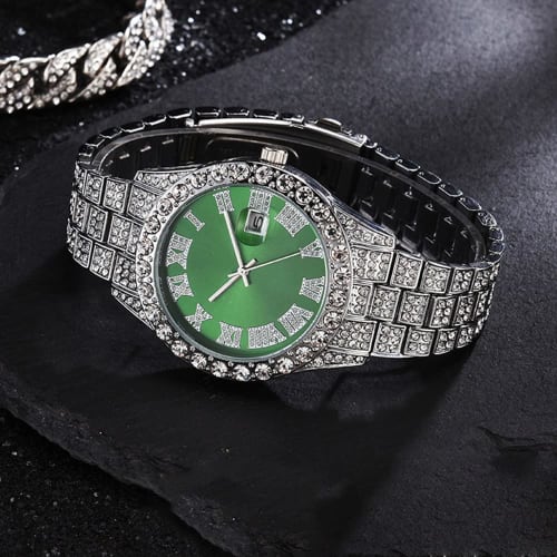 HUNRUY Analog Men's Watch (Silver Dial and Gold-Colored Strap), 42mm Silver-Green, Fashionable.