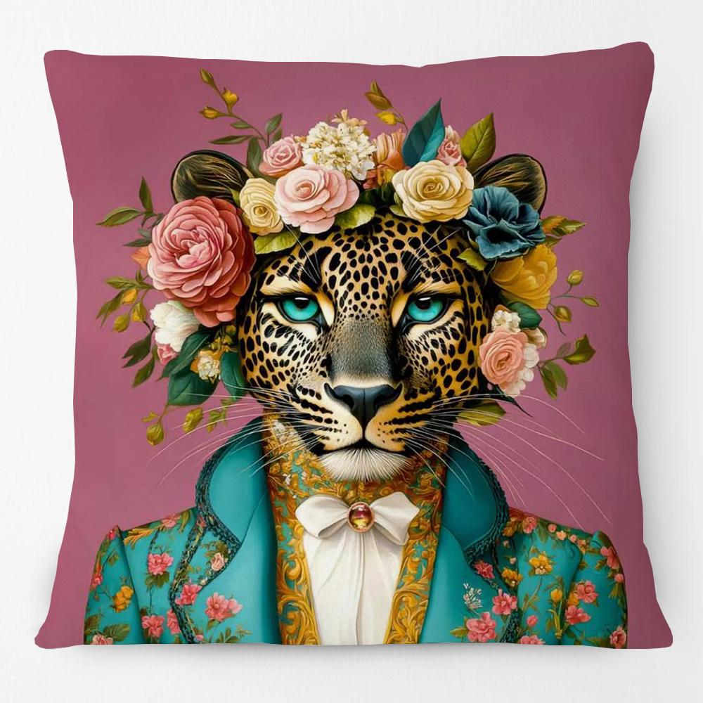 Fashion Animals Portraits Poster Zebra Tiger Leopard Lion Giraffe Fox Moose With Floral Cushion Cover Decorative Pillow Case