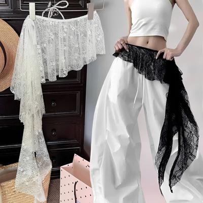 Korean Fashion Lace Trim Triangle Scarf Layering Essential Hem Skirt Curtain Mesh Waist Scarf Skirt Cover Women Summer Bohemian
