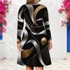 Women Plus Size V Neck Long Sleeve Printed Black Teal Gold A Line Dress