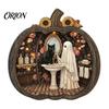 Cute Ghost Reading Figurines Halloween Wooden Tabletop Ornament, 2D Flat Bathing Harvest Season Room Decor Watering Plaque with Stand for Home Shelf,