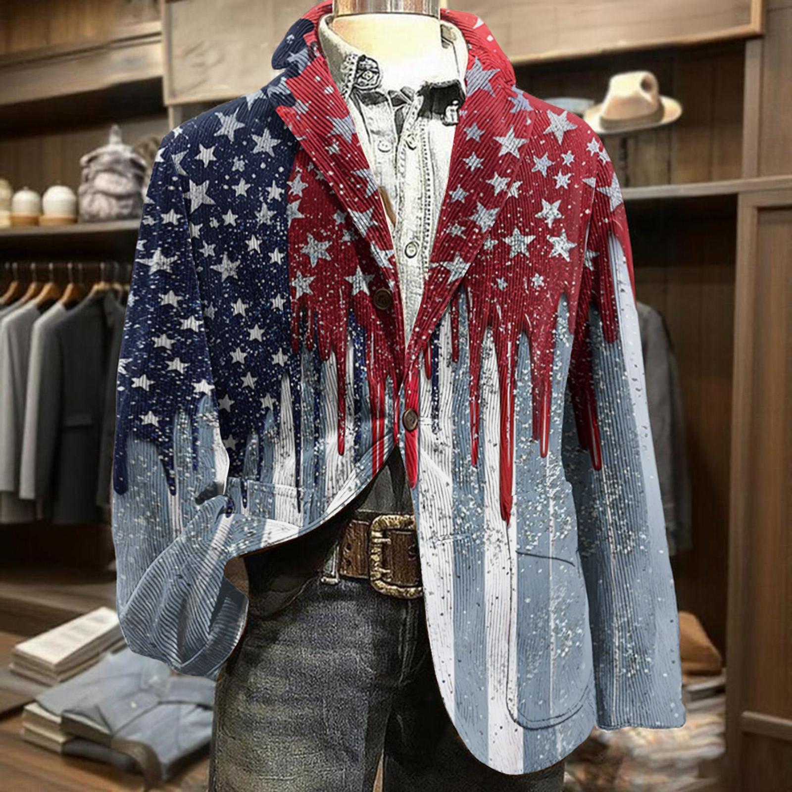 

Men Corduroy Blazer with Star Print Business Casual Suit Jacket for Independence Day Long Sleeve Notched Lapel Two Button Closure XL кавун червоний колір