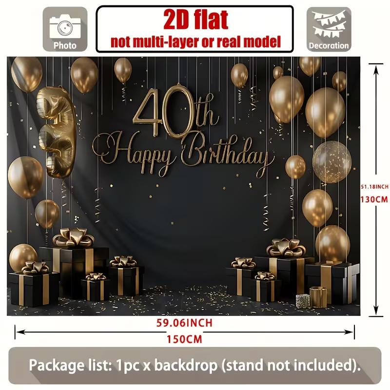 Sfondo 2D Oro Nero Buon 40° Compleanno Palloncino Coriandoli Decorazione Festa Stendardo