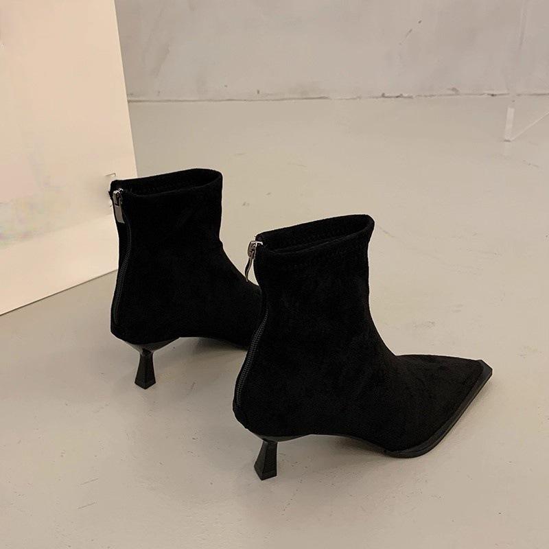 French high-heeled pointed suede khaki short boots women's new autumn and winter boots Korean small naked boots