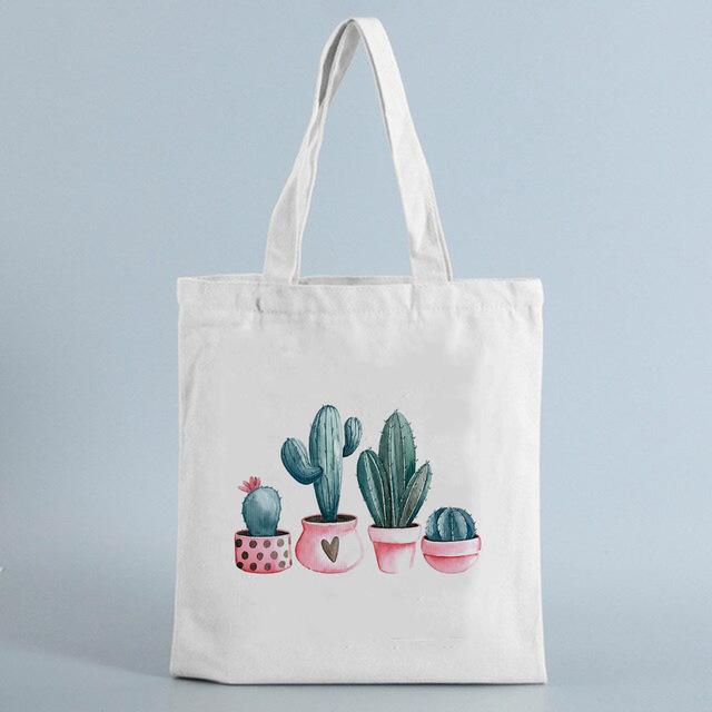 Tote Shopping Bag Cactus Drawing Print Reusable Ladies Canvas Shopper Bags Student Book Bag Female Eco Foldable Cute Bag Fashion