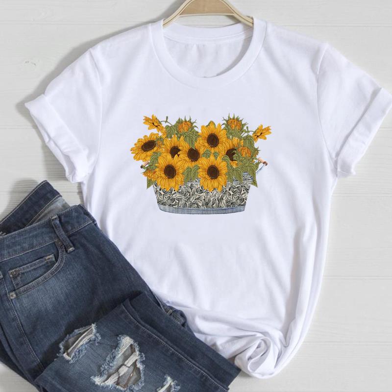 (European Size)90s Fashion Tee Clothing Casual Top Flower Lovely Trend T Shirt Short Sleeve Women Print Lady Female Graphic T-shirt