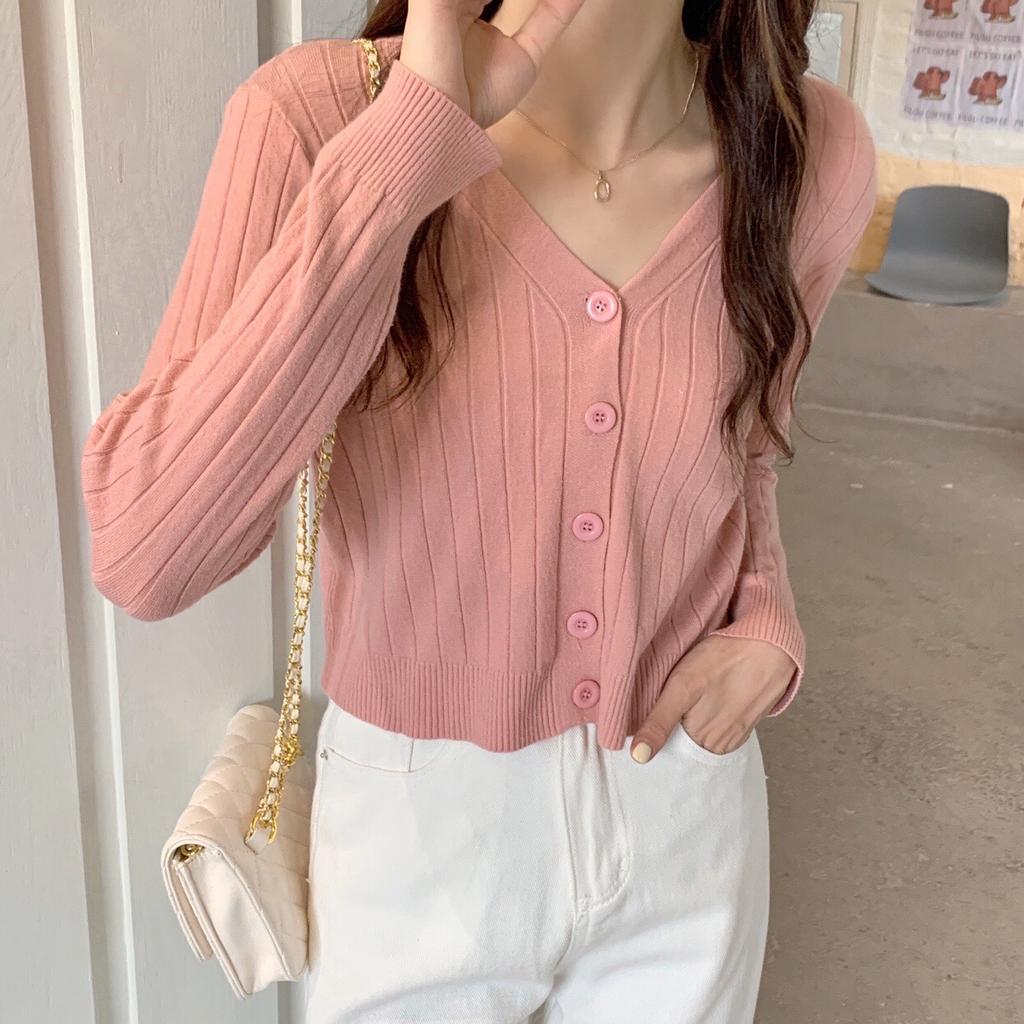 Autumn Winter V Neck Cropped Long Sleeve Knit Cardigan Women Solid Outerwear Coat
