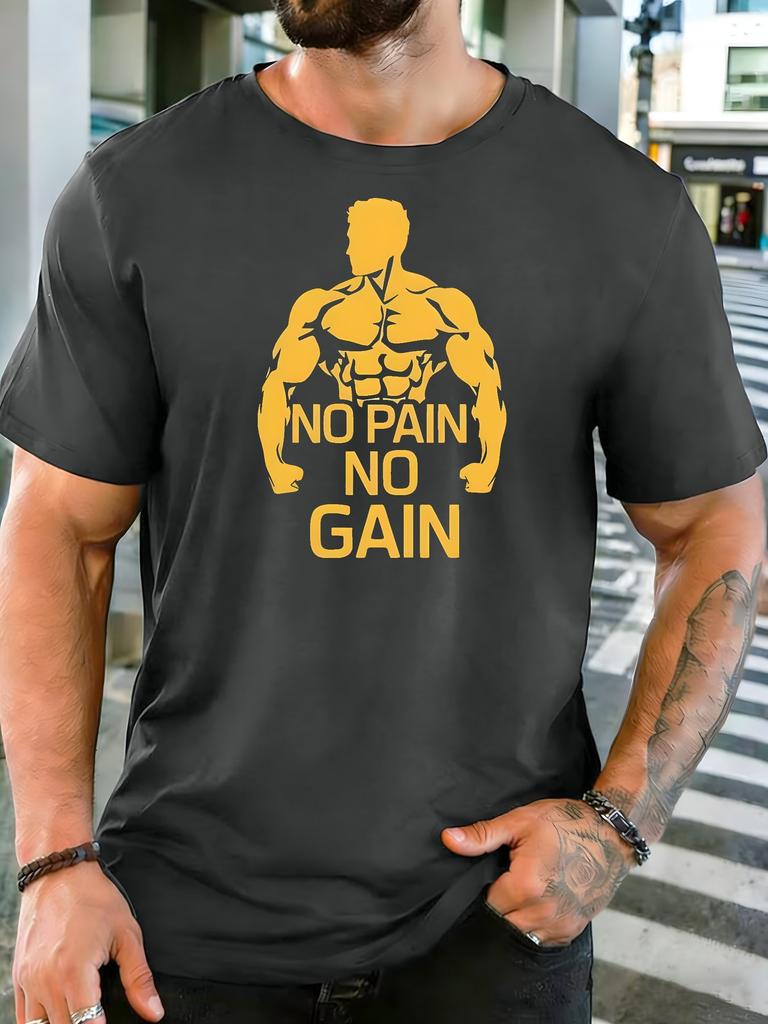 Muscle Silhouette No Pain No Gain Fitness Print Unisexs Cotton Crew Neck Tee Short Sleeve Loose Gym Daily Street Male Wear Top