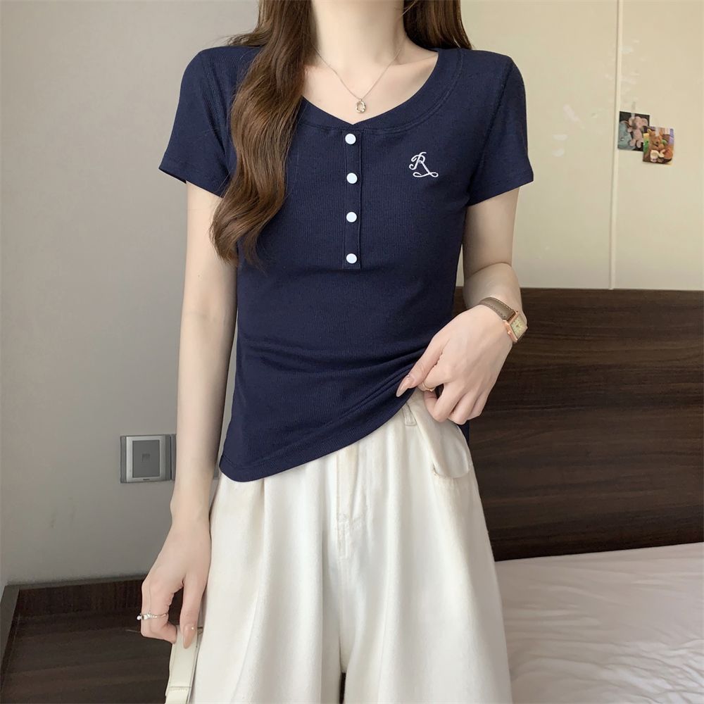 

2025 new navy blue short-sleeved t-shirt women s summer short slim and thin button design versatile top trendy S тёмно-синий