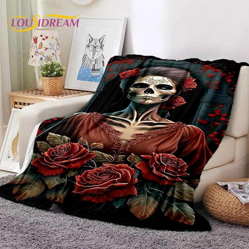 Skull Dead Girl 3D Gothic Horror Female Rose Soft Flannel Blanket,Throw Blanket Comfortable Blanket for Picnic Beds Home Bedroom