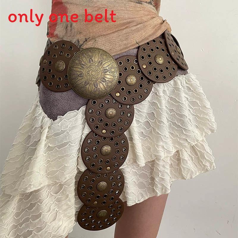 Cintura Larga in Ecopelle Stile Boho con Fibbia Metallica Circolare per Donne Moda Estiva