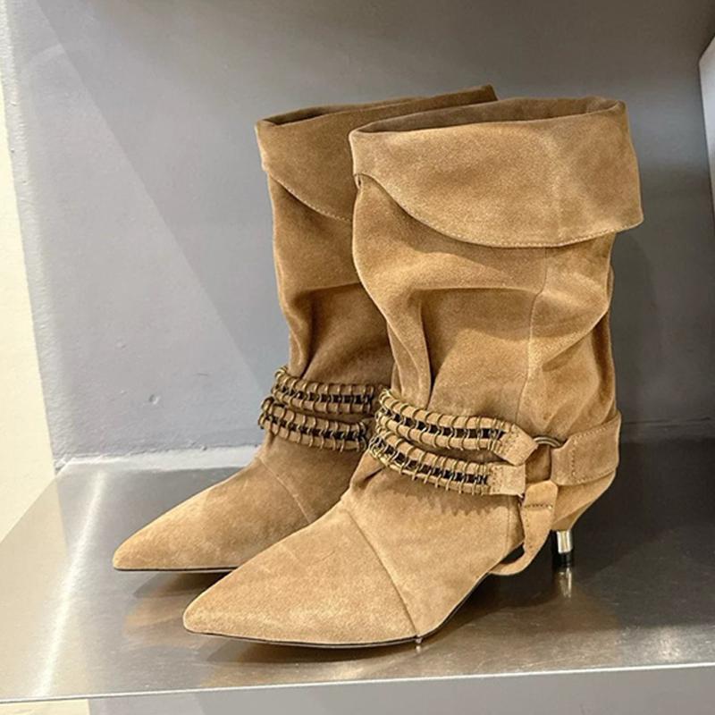 Fashion Liyke Fashion Design Chain Metal Buckle Mid Calf Boots Woman Vintage Pointed Toe Strange Low Thin Heel Autumn Winter Ladies Shoe