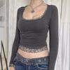 Sexy U-Neck Lace Bow Slim Fit Long Sleeve Y2K T-Shirt for Spring & Autumn