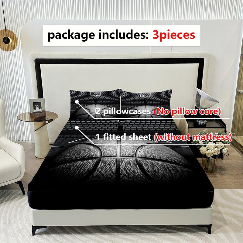 3PC Basketball Court Bed Sheet, Fitted Sheet*1+Pillowcases*2, Suitable For Bedrooms And Guest Rooms, Comfortable And Soft Fabric