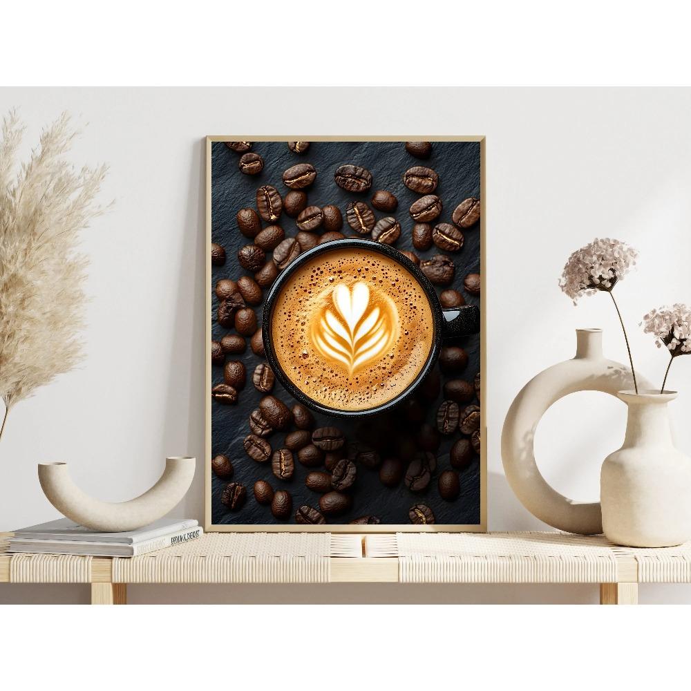 Coffee Cup And Beans Photograph Posters Delicious Coffee Latte Breakfast Prints Canvas Painting Wall Art Picture Home Room Decor