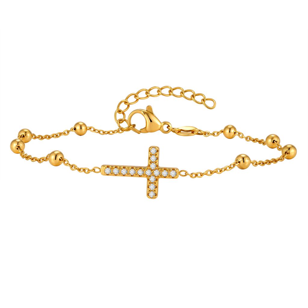 Crystal Cross Bracelet 18K PVD Plated Beads Chain Religion Jewelry for Women Stainless Steel Pulsera Cruz Bangle Waterproof
