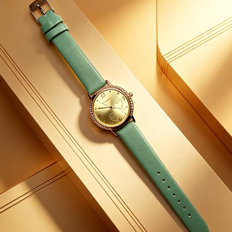 Rhinestone Heart Women's Watch Leather Strap Quartz Fashion Minimalist Wristwatch