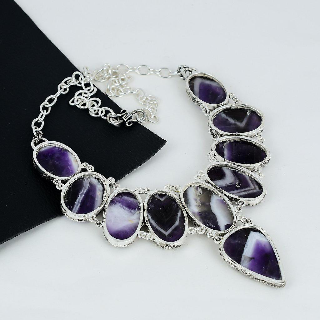 Naturalny ametystowy kamień szlachetny Chevron ręcznie robiony naszyjnik ze srebra próby 925 Electroform, ametystowy kamień szlachetny Chevron dla żony Unisex naszyjnik, prezenty
