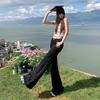 Black low-rise micro-flared jeans, women's summer new American elastic and thin versatile flared pants