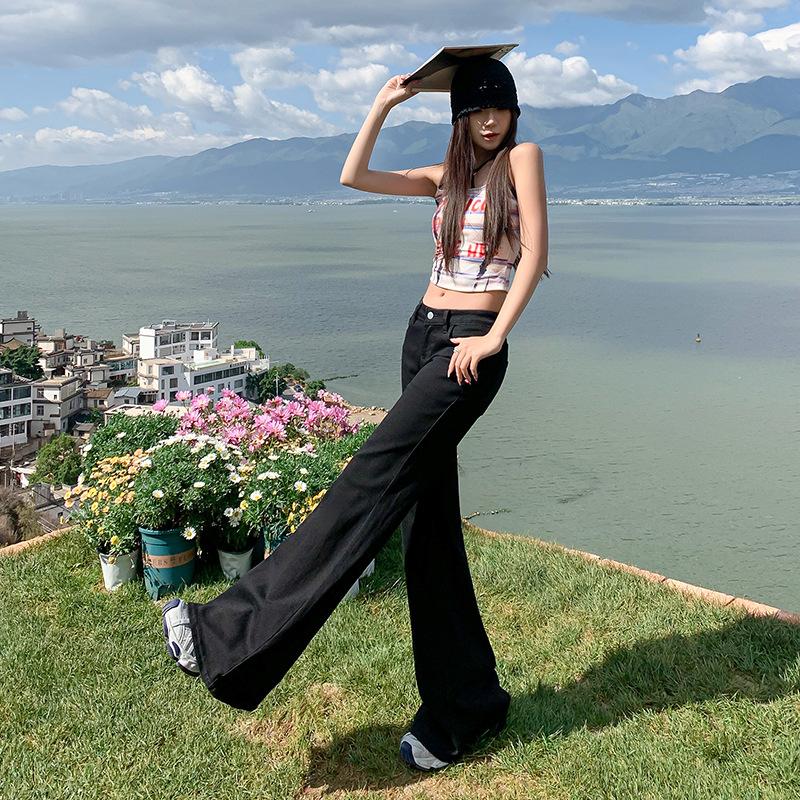 Black low-rise micro-flared jeans, women's summer new American elastic and thin versatile flared pants