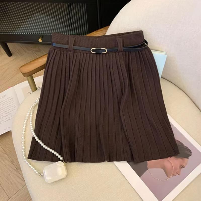 Autumn Winter Knitted Pleated Skirts Women Korean Fashion High Waist A-Line Skirts Ladies Elegant Streetwear Gray Skirt