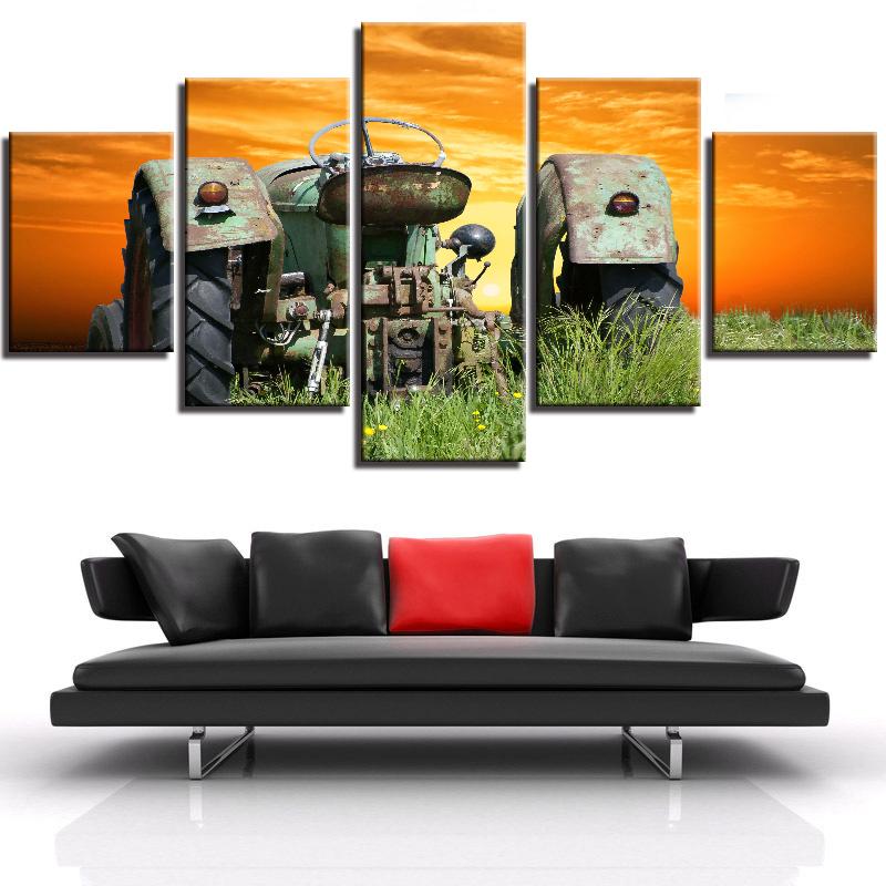 5 bucăți Retro Tractor de fermă și imagini cu soarele Artă de perete Decor pentru interioară Postere Pânză Picturi HD Decorare Accesorii pentru sufragerie