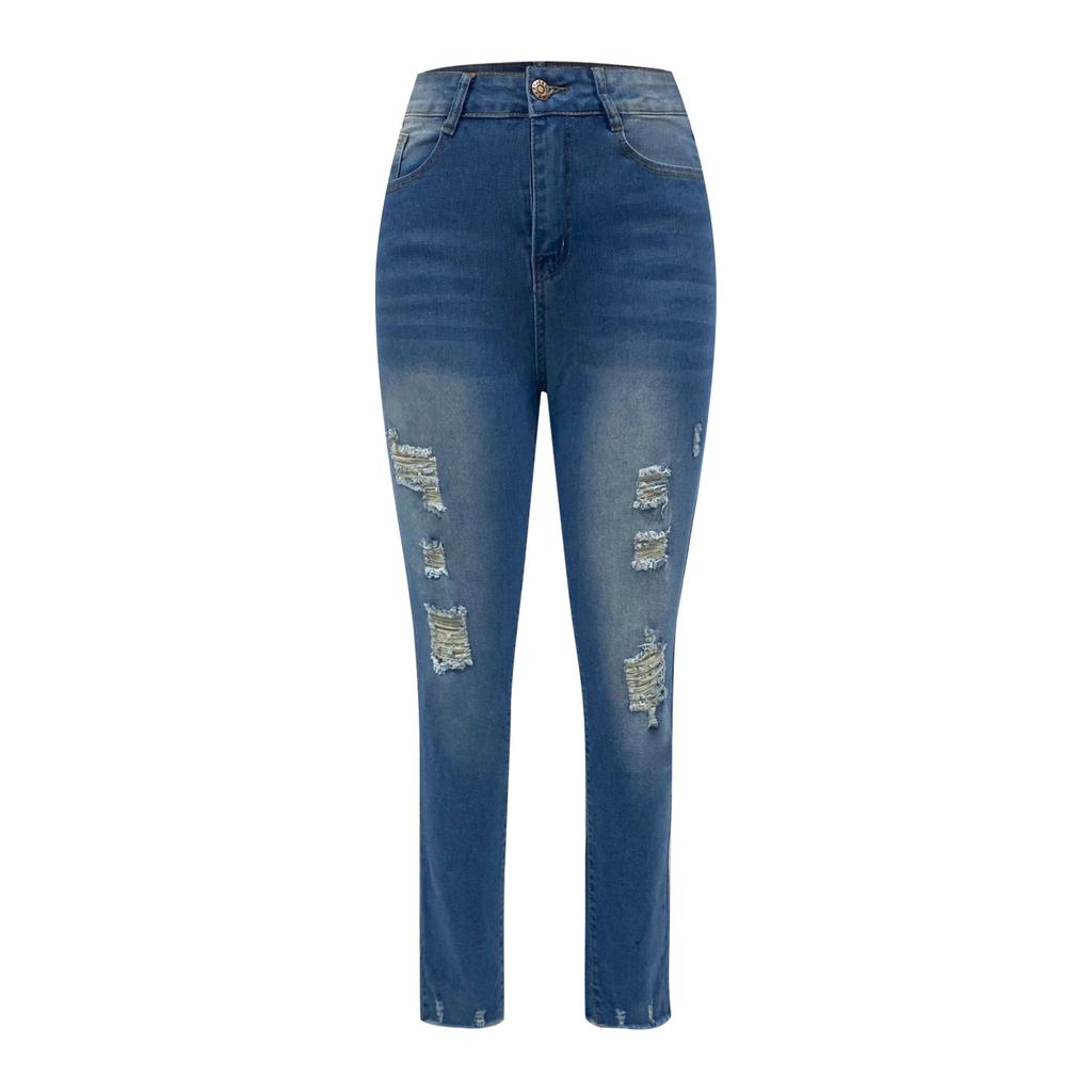 Omen's Hole Slim Washed Calf Pants Jeans Long Pants