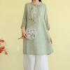 Zen-style Frog Button Retro Shirt Spring/summer Mid-length Embroidered Ethnic Style Three-quarter Sleeve Stand Collar Top for Women