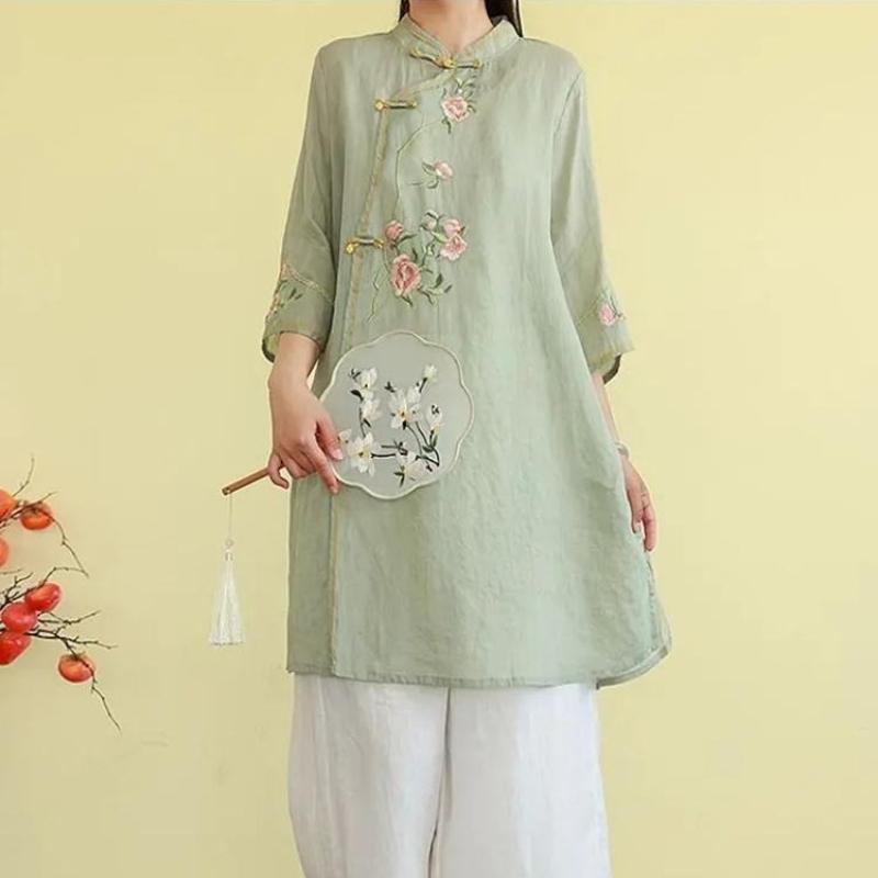 Zen-style Frog Button Retro Shirt Spring/summer Mid-length Embroidered Ethnic Style Three-quarter Sleeve Stand Collar Top for Women