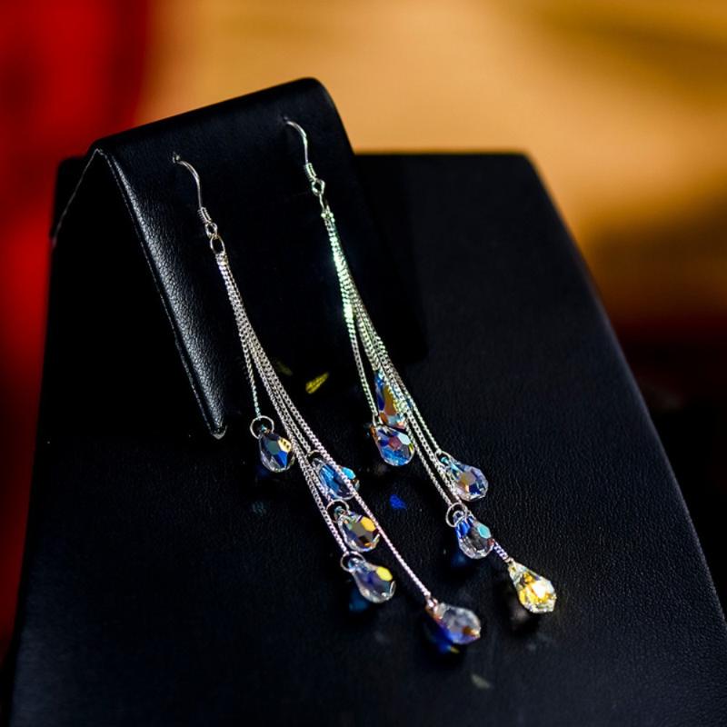 Elegant Water Droplets White Zircon Stones Earrings Luxury Fashion Silver Color Metal Chain Long Dangle Earrings Jewelry