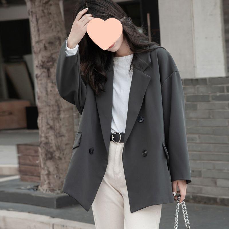 

Женский демисезонный пиджак свободного кроя в повседневном стиле в корейском стиле 2025 126-145 lbs (L) темно-серого