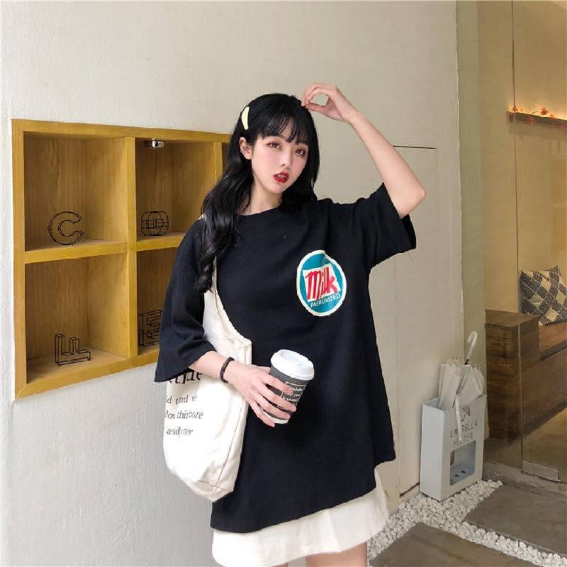 Summer Korean Style Loose Couple Outfit Bottoming Shirt for Women's Large Size Short-sleeved T-shirt for Women's College Style Medium-length Top