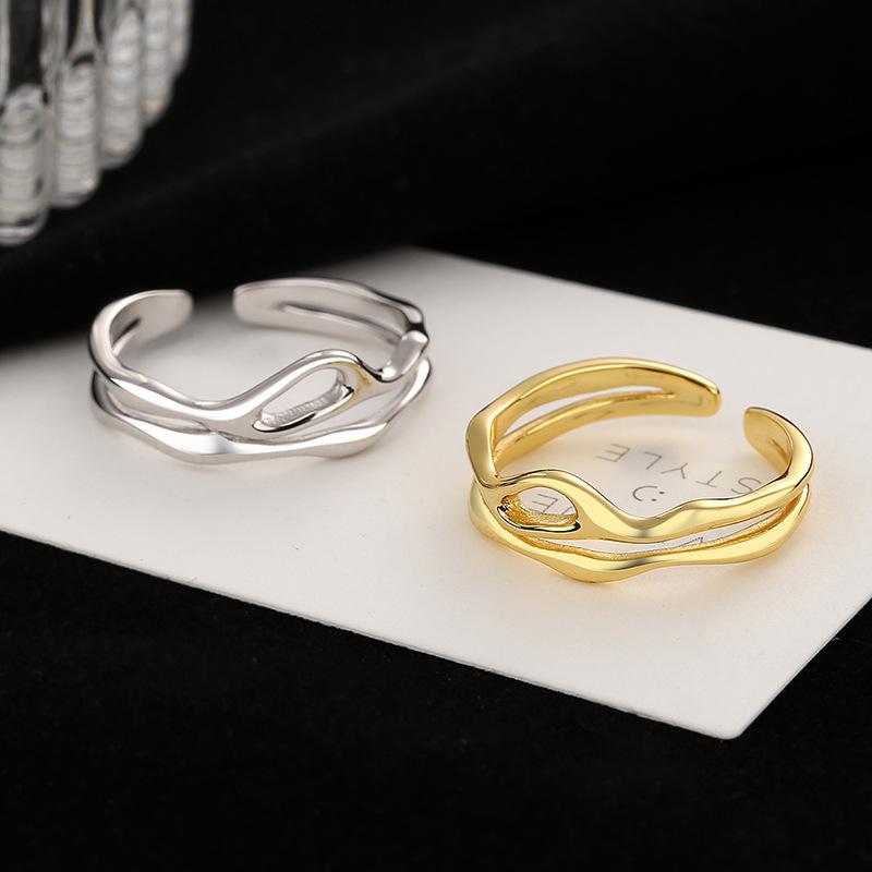 Silver Color Irregular Hollow Double Line Geometric Ring Female Simple Unique Design Fashion Adjustable