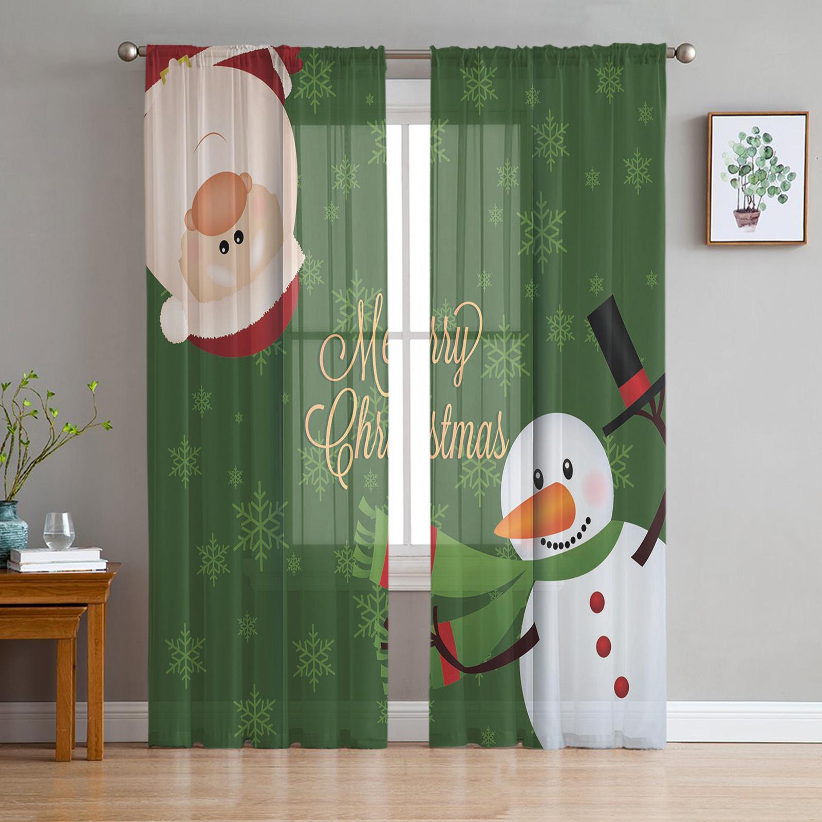 

Зеленые прозрачные шторы с Санта-Клаусом и снеговиком, рождественские украшения для домашнего окна, тюлевые шторы для гостиной, спальни, кухни