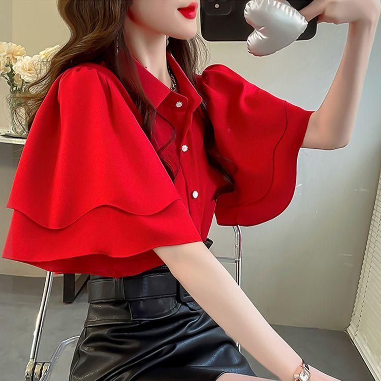 French Lady's Summer Loose Shirt Women's Loose Blouse Solid Color Fairy Style Ruffle Short Sleeve Chiffon Top