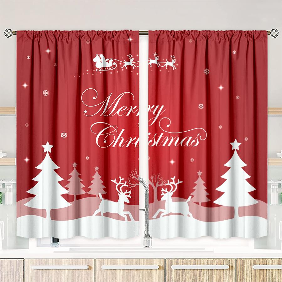 2pcs- Christmas Santa Claus Christmas Tree Pattern Printed Curtains   Christmas Decorations   Home Decorations   Room Decorations