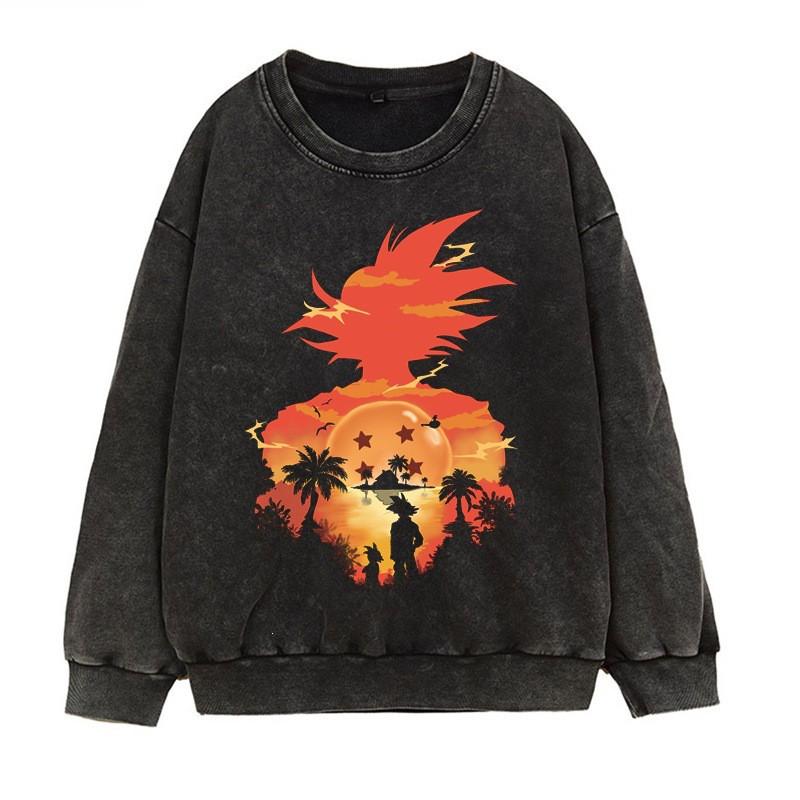 Vintage Washed Dragon Ball Anime Hoodie-Free Crewneck Sweatshirt Teens Men Streetwear Casual Long Sleeve Cotton